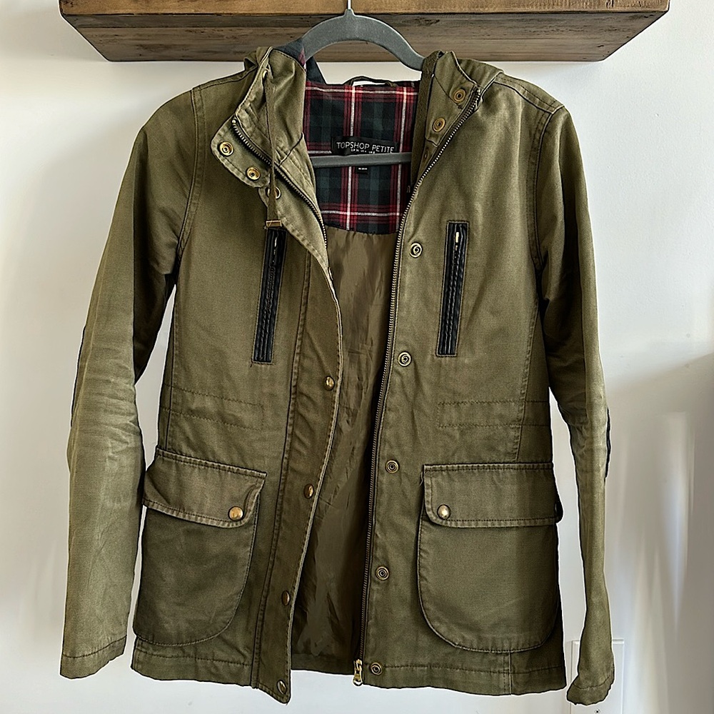 Topshop Petite Army Green Hooded Utility Jacket with Leather elbow pads